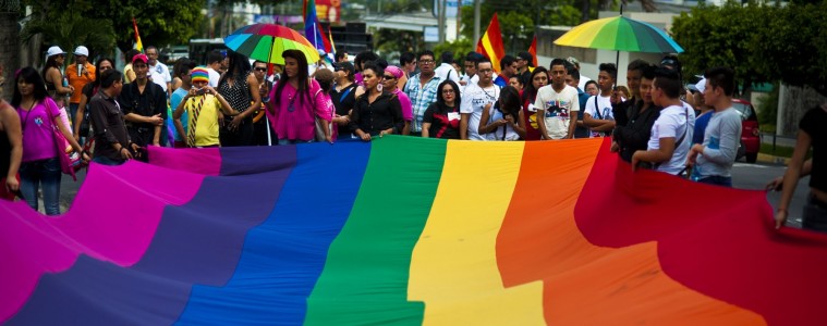 Gay rights activists participate in a demonstration marking the International Day Against Homophobia and Transphobia (IDAHOT) in San Salvador, on May 17, 2014. The 9th annual event, billed by organisers as the biggest LGBT solidarity event in the world, is aimed at raising awareness about discrimation and calling for equal rights. AFP PHOTO / Jose CABEZAS        (Photo credit should read JOSE CABEZAS/AFP/Getty Images)